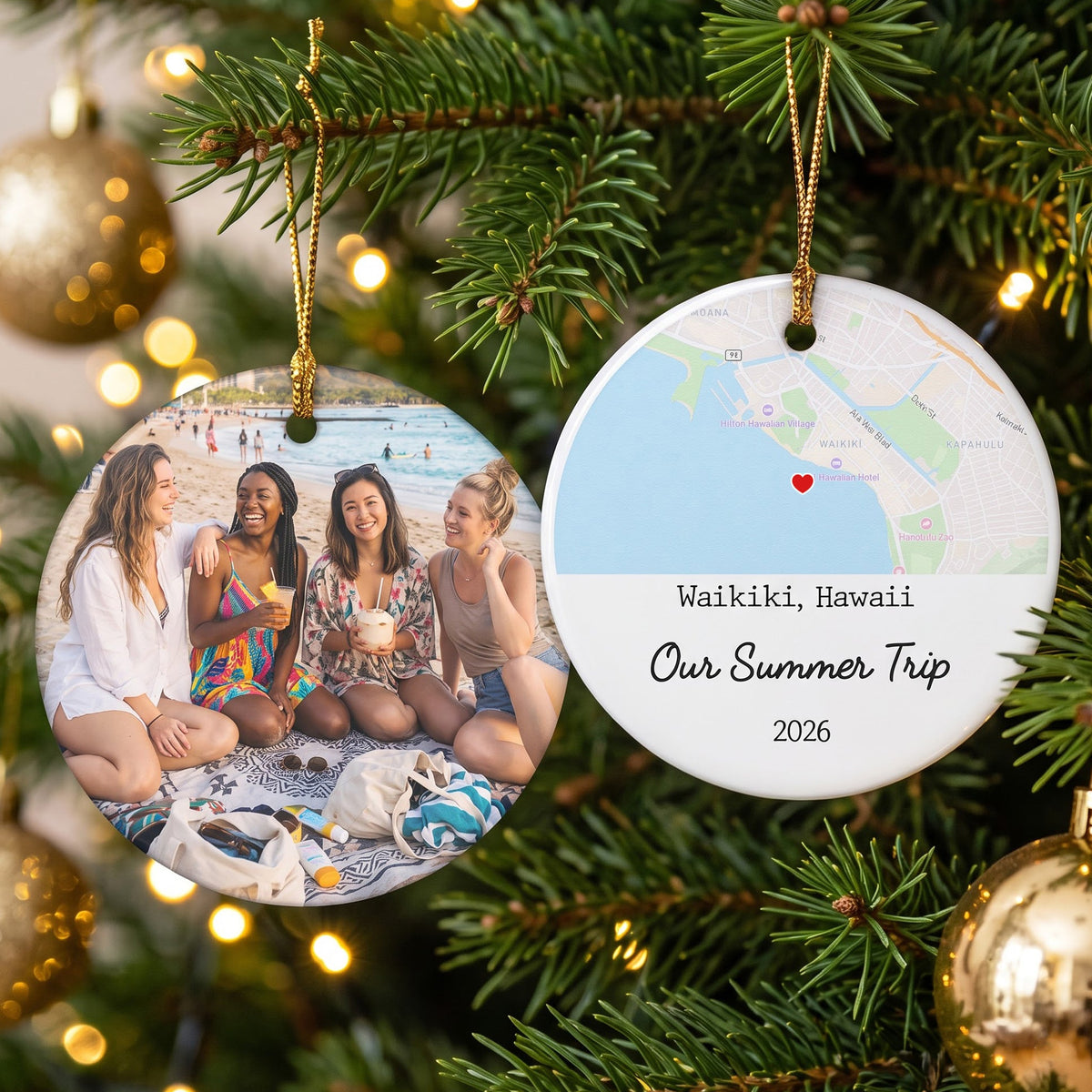 Custom Photo & Location Map Traveling Family Travel, Besties Vacation - Personalized Ornament