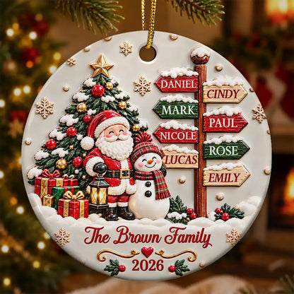 Christmas Gift For Family - Personalized Family Name Santa And Snowman 3D Embossed Circle Ceramic Ornament