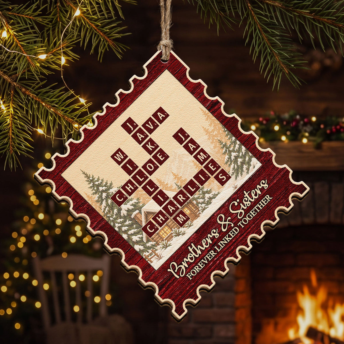 Brothers & Sisters Forever Linked Postage Stamp - Personalized Ornament