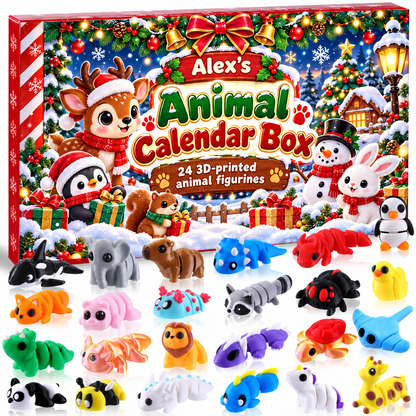 24 Flexible 3D-Printed Animal Toys with Custom Name - Personalized Custom Advent Calendar