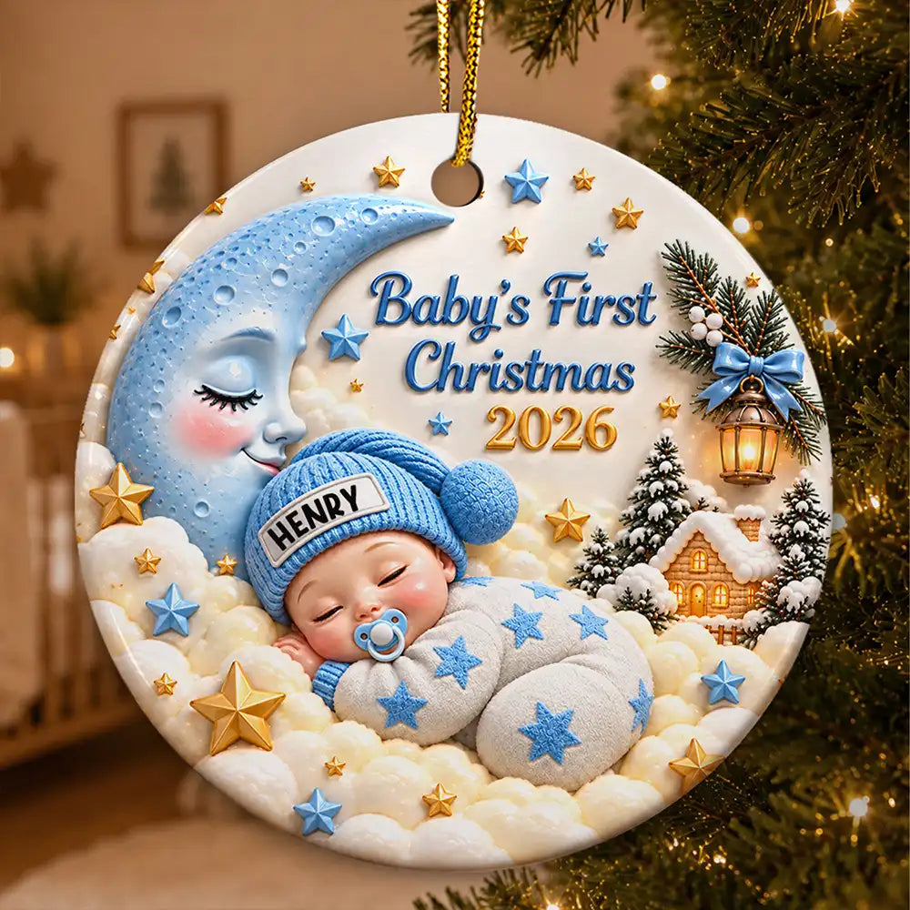 Baby's First Christmas - Personalized Sleeping Baby 3D Embossed Circle Ceramic Ornament