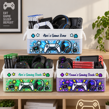 Gaming Basket For Son, Daughter Custom With Name - Personalized Storage Basket