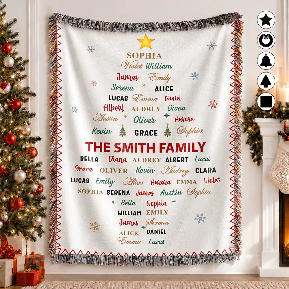 Christmas Gift For Grandma Mom - Personalized Family & Member Names Word Art Tree Star Wreath Woven Blanket
