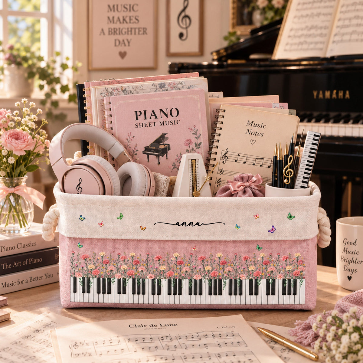 Piano, Keyboard, Custom Birth Flower & Name - For Pianist, Piano Lovers - Personalized Storage Basket