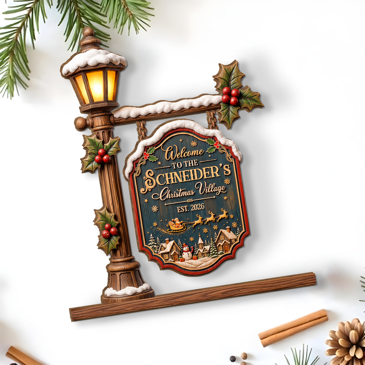 Christmas Lives In Our Village - Personalized 2-Layer Wood Plaque With Flat Base