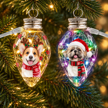 Custom Photo & Name Pet Dog Portrait With Holly Snowflake Poinsettia Chili Bulb LED Light HO82 904080