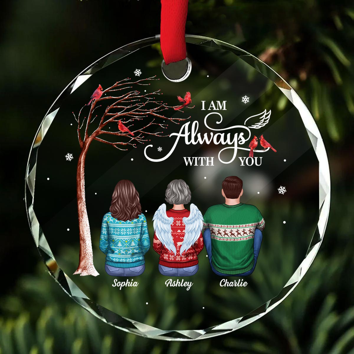 Always With You Cardinal Memorial Remembrance Keepsake Personalized Glass Ornament