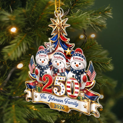 Custom Snowman Acrylic Ornament - Personalized America 250th Anniversary Christmas Gifts For Mom, Dad, Brother, Sister - United In Love Proud In Spirit