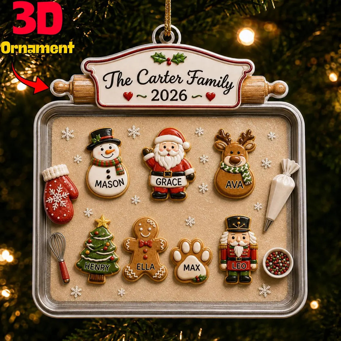 3D Raised Acrylic Family & Pet Christmas Cookie Tray Ornament, Custom Names