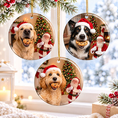 Dog Steal Cookie From Santa Upload Pet Photo - Personalized Ceramic Ornament - Funny Gift For Dog Lovers