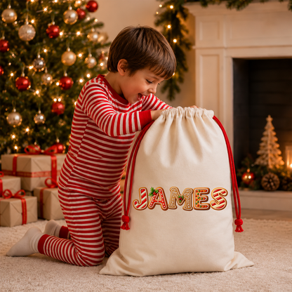 Custom Name Gingerbread Letter Christmas Sack, Personalized Holiday Gift Bag TH10 171349