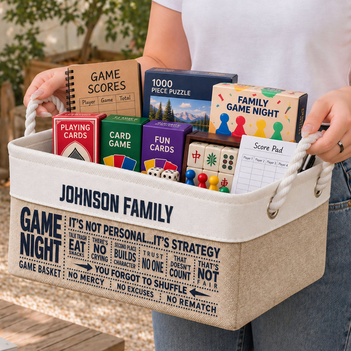 Game Night Scorebook Family Deck Games Basket - Personalized Storage Basket