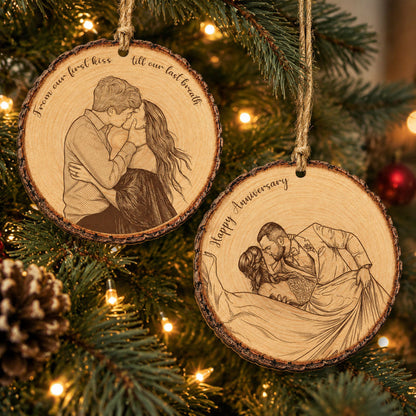 Custom Portrait Art Printed Wood Slice - For Couples, Anniversary Xmas Gifts - Personalized Ornament