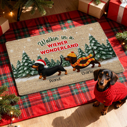Dachshunds Walking In A Wiener Wonderland - Personalized Doormat - Unique Christmas Gift For Dachshunds Lovers