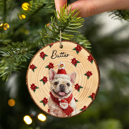 Christmas Gift For Dog Lovers - Personalized Custom Photo & Name Pet Dog Portrait With Holly Snowflake Poinsettia Wood Slice Ornament