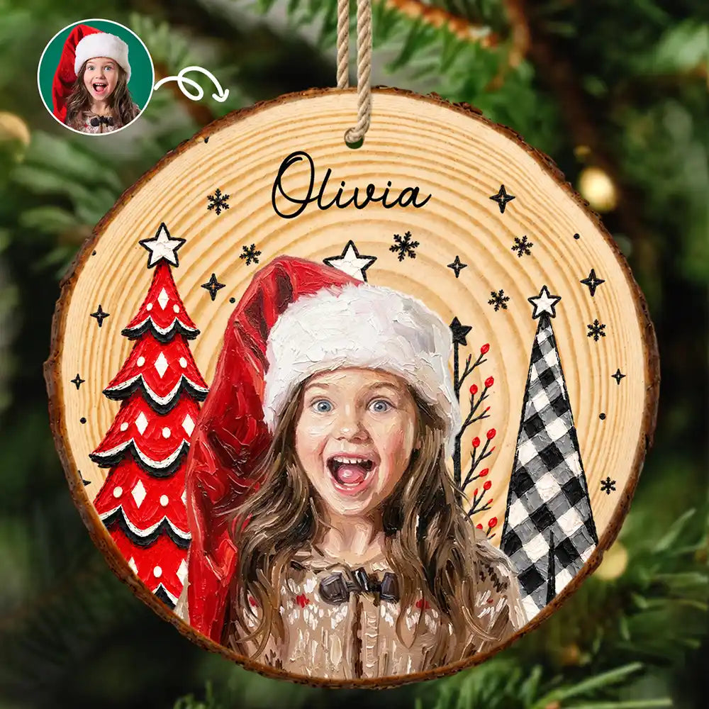 Christmas Gift For Kids Family - Personalized Custom Photo & Name Kid Portrait With Pine Tree Snowflake Wood Slice Ornament
