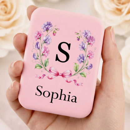 Custom Name Floral Monogram Gifts for Women - Personalized LED Compact Makeup Mirror