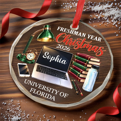Custom Name Freshman Year Christmas Gifts for College Students - Personalized Glass Ornament
