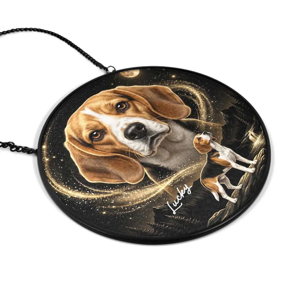 Dog Memorial Gift For Pet Loss - Personalized Custom Photo Moonlight Night Sky Portrait Stained Glass Window Hanging Suncatcher