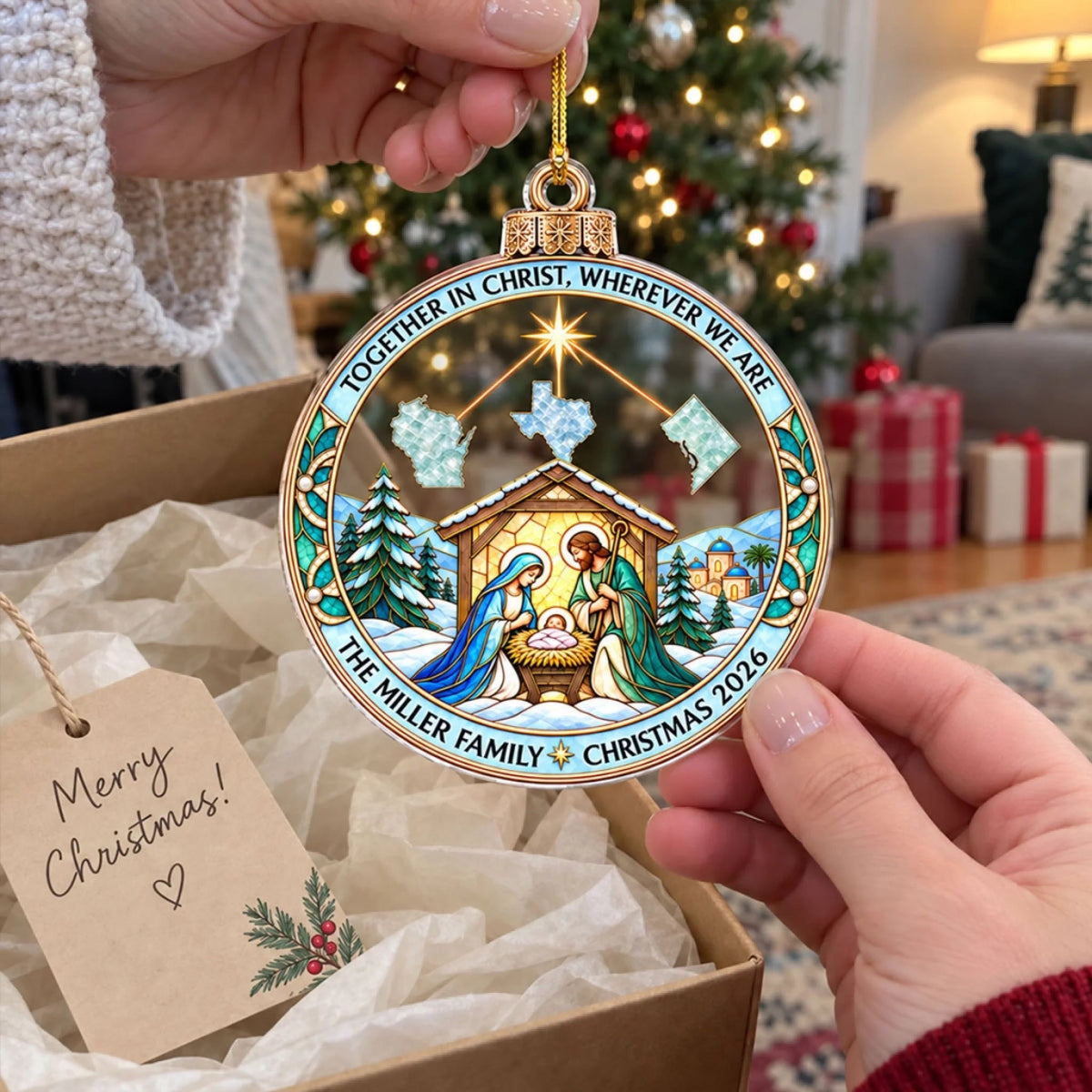 Custom Family Christmas Ornament for Long Distance Families •  No Distance Family Nativity – Personalized Acrylic Ornament