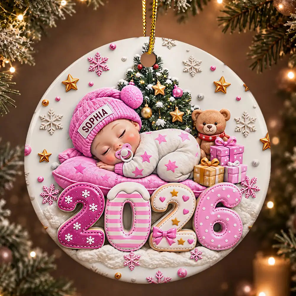 Baby's First Christmas Gift For New Mom - Personalized Sleeping Baby 3D Embossed Circle Ceramic Ornament