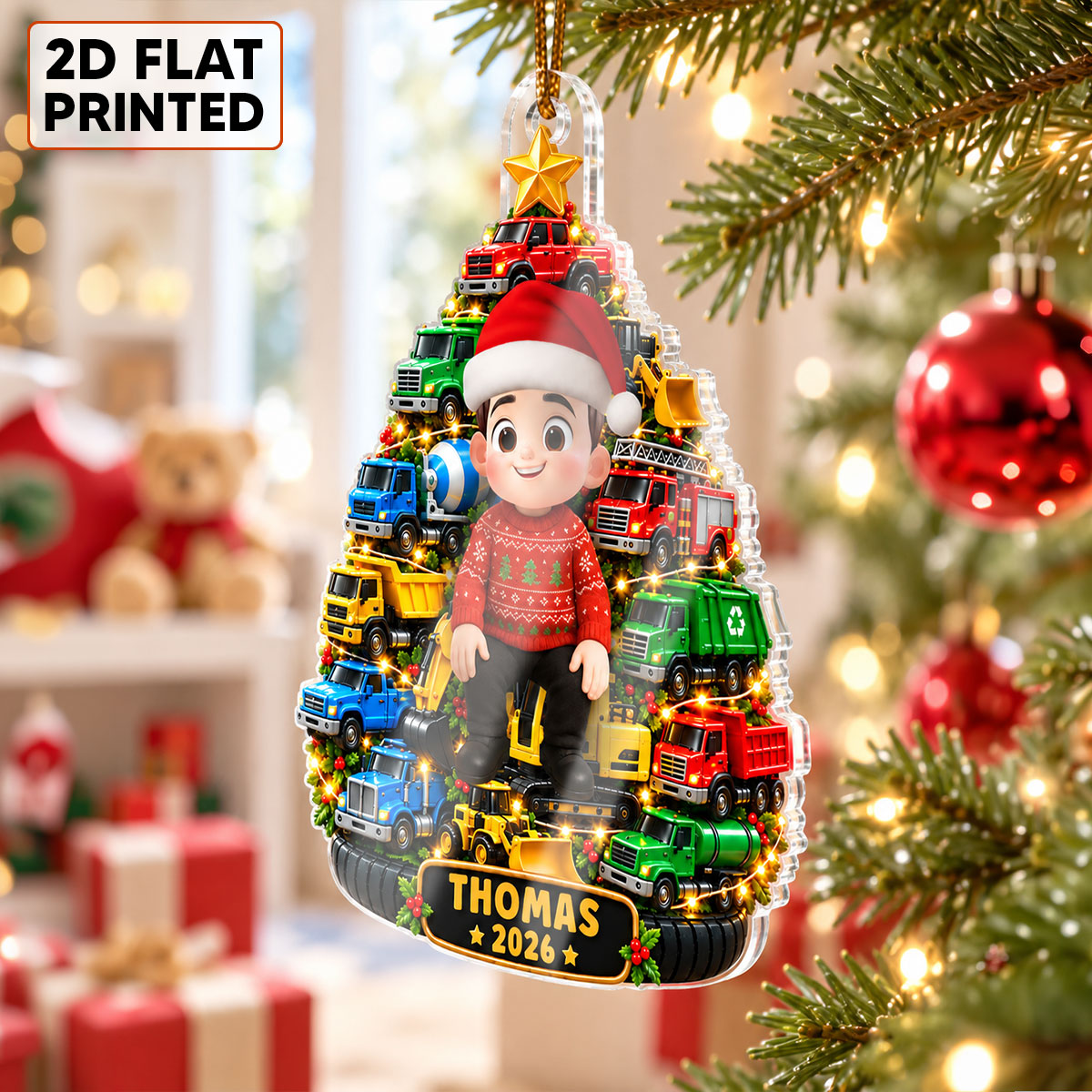 Little Kid With Trucks Christmas Tree - Personalized Acrylic Ornament - Christmas Gift For Kids, Grandkids, Grandson, Granddaughter, Son, Daughter