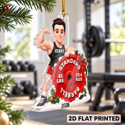 Gym Fitness Workout Weightlifting Body Building Man Woman Barbell - Personalized Acrylic Ornament - Christmas Gift For Him, For Her, For Gymers