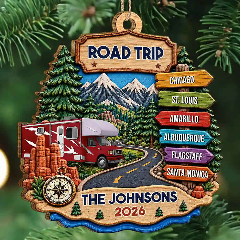 Road Trip Travel Gift For Couples, Family, Friends - Personalized Vacation Wooden Ornament