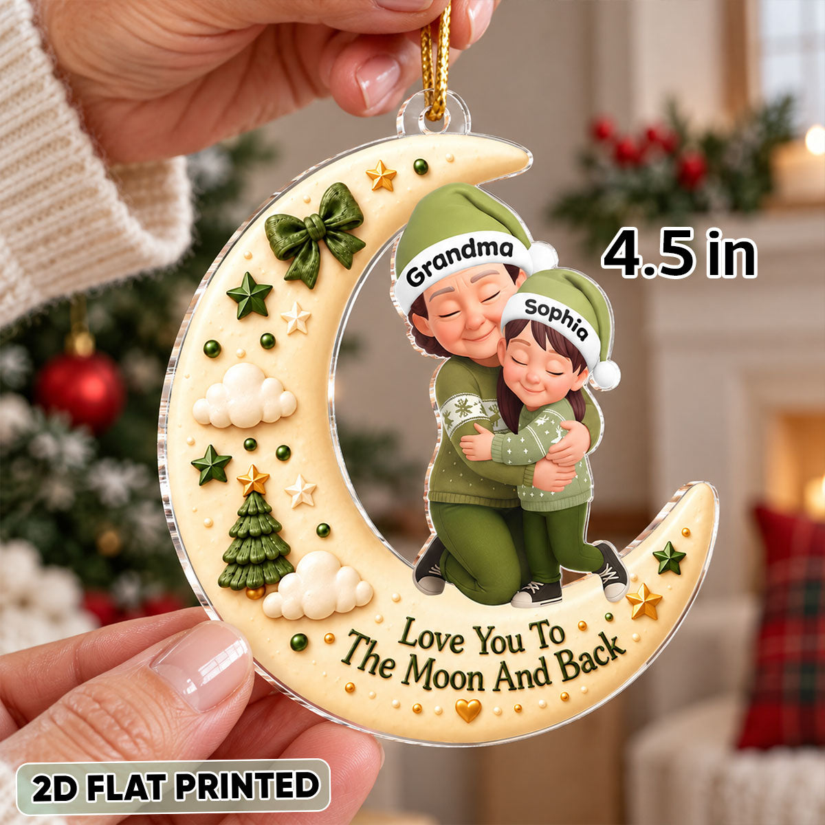 Grandma Hugging Grandkid Love to the Moon and Back - Personalized Acrylic Ornament - Christmas Gift for Grandma, Grandkids