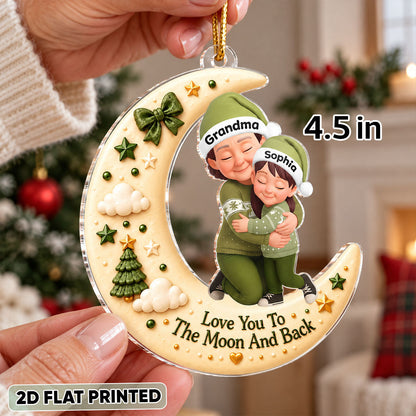 Grandma Hugging Grandkid Love to the Moon and Back - Personalized Acrylic Ornament - Christmas Gift for Grandma, Grandkids