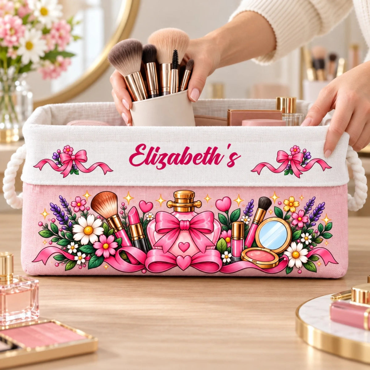 Custom Name Pink Bow Beauty Gifts for Women - Personalized Storage Basket