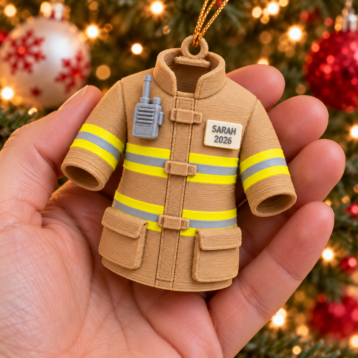 Personalized Firefighter Ornament, 3D Printed PLA Turnout Coat, Custom Name & Year Christmas Ornament, Firefighter Gift