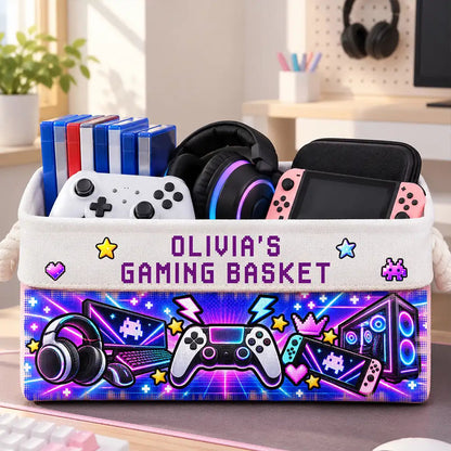 Gift For Gaming Lovers Son Teen Boy - Personalized Name Neon Gaming Basket Storage Basket