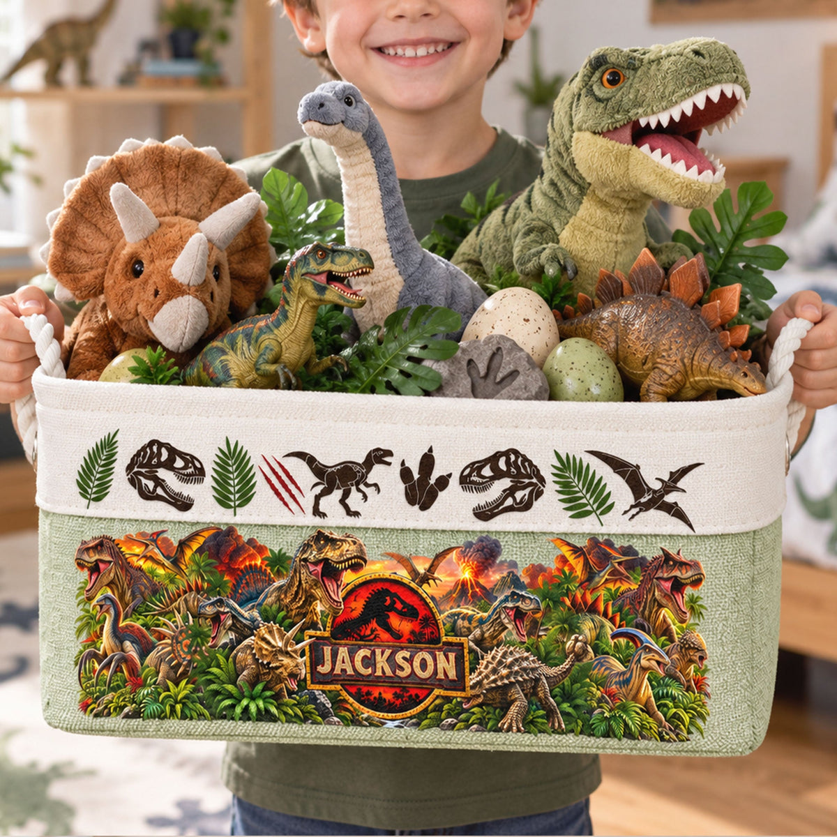 Custom Kid Name Dinosaur Jurassic T-Rex Boys Room Decor Toddler - Personalized Storage Basket