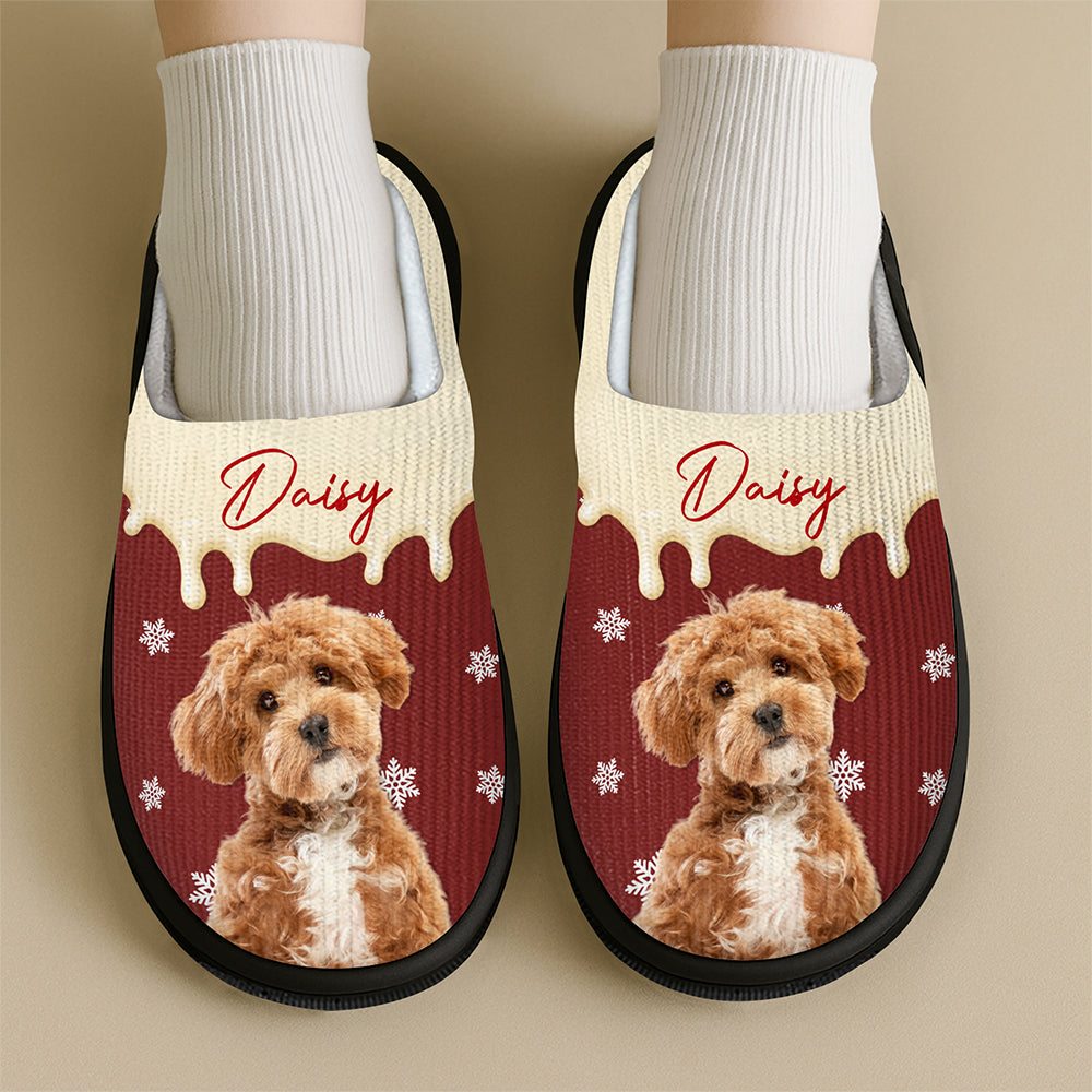 Custom Photo & Name Pet Dog Portrait With Holly Snowflake Poinsettia Christmas Slippers LM32 670501