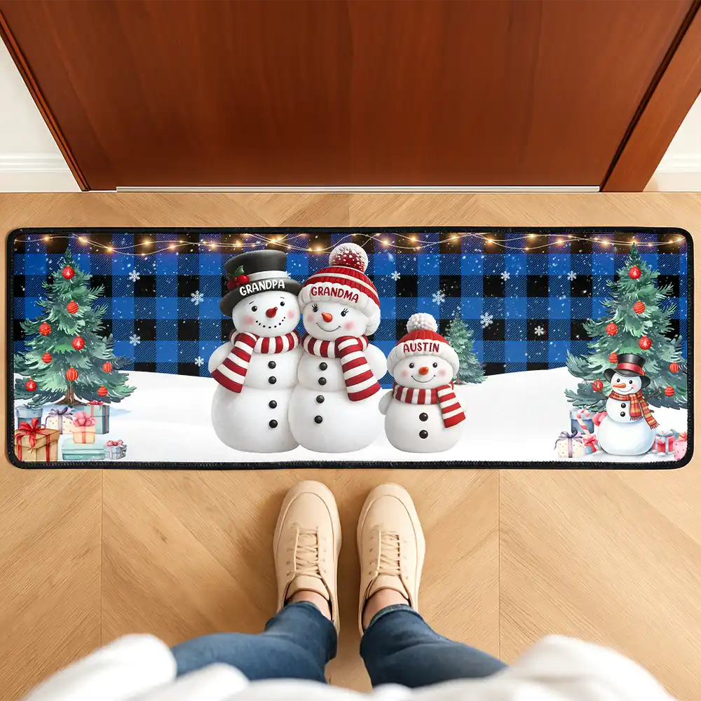 Snowman Family Christmas Plaid Pattern - Personalized Runner Rug