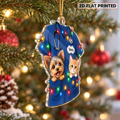 Christmas Vet Scrubs With Pets - Personalized Acrylic Ornament - Veterinarian Christmas Gift