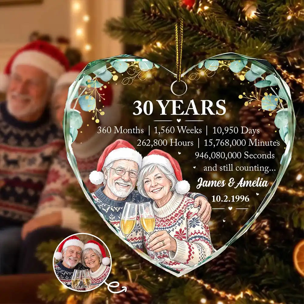Anniversary Gift For Couples - Personalized Custom Photo Watercolor Names Year Counting Time Together Glass Ornament