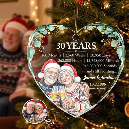 Anniversary Gift For Couples - Personalized Custom Photo Watercolor Names Year Counting Time Together Glass Ornament