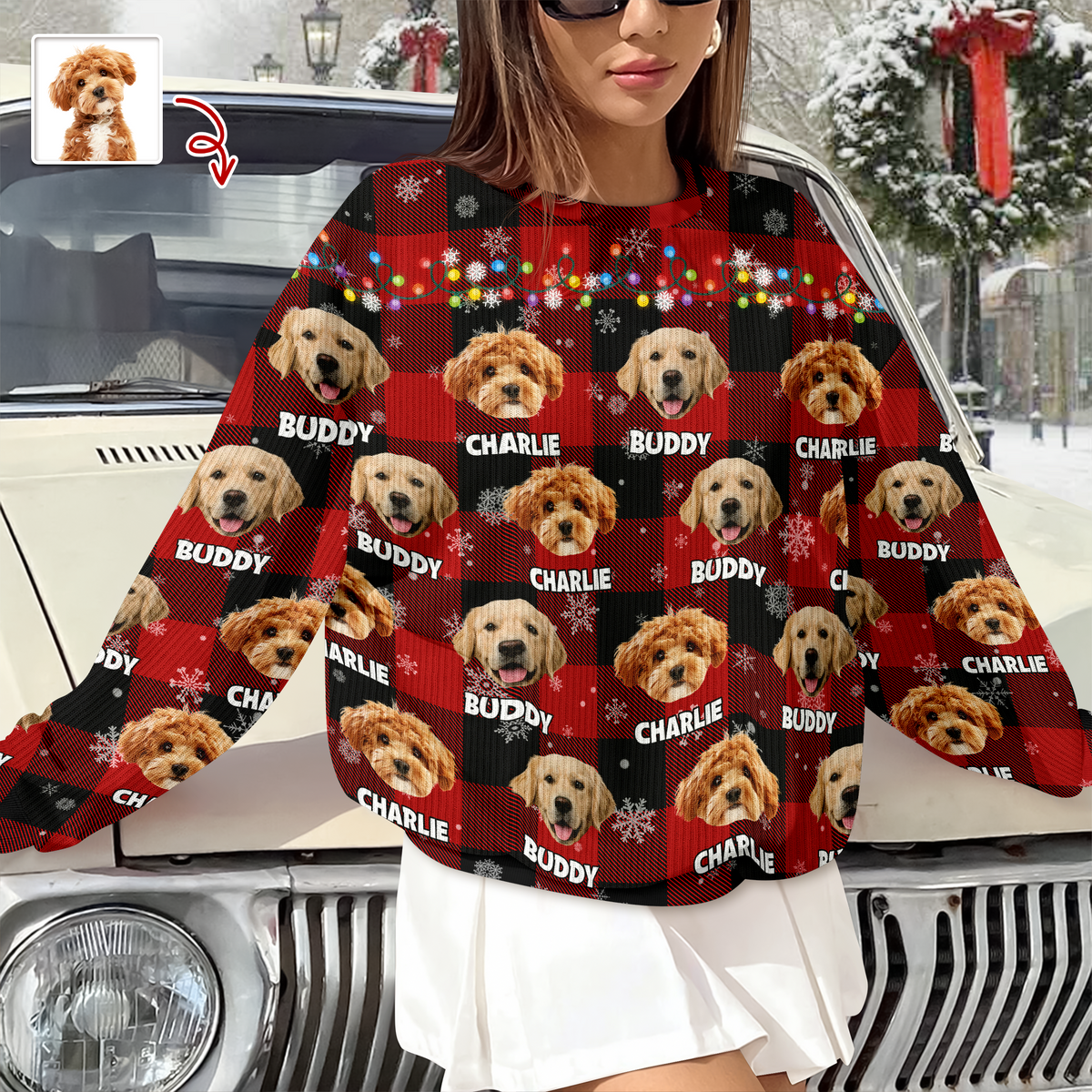 Custom Dog Photo Name Snow Christmas Light Holiday Ugly Sweater CH07 896368