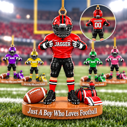 Personalized Football Player Christmas Ornament, Custom Name, Number & Uniform Colors, Just a Boy Who Loves Football Gift New