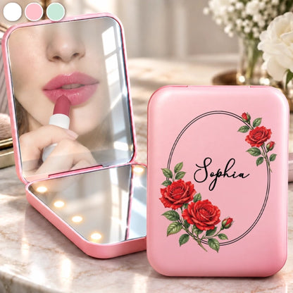 Custom Name Floral Beauty Gifts For Women - Personalized LED Compact Makeup Mirror