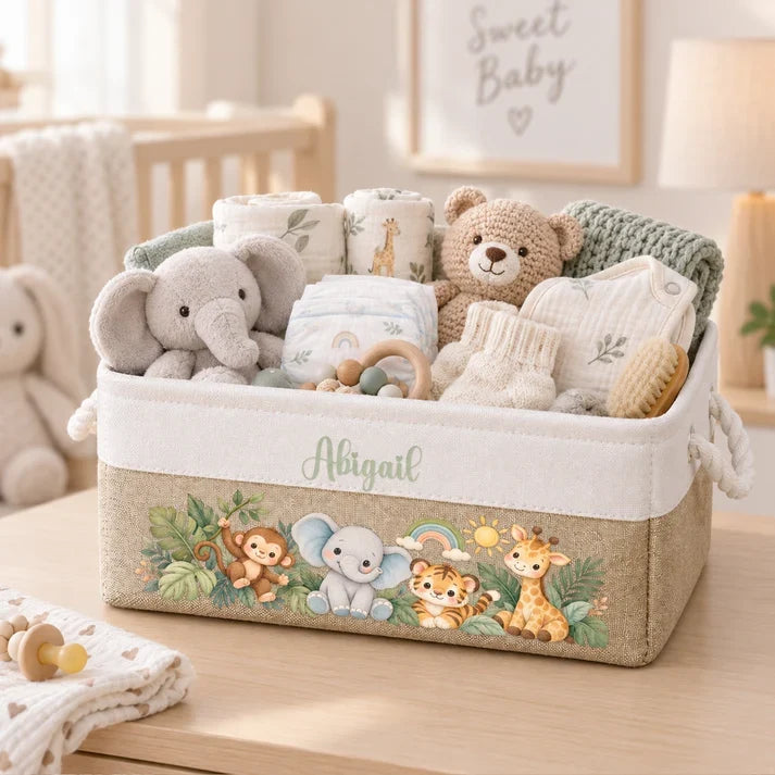 Personalized Cotton Linen Rope Basket with Watercolor Jungle Animals for Nursery Storage, Unique Baby Gift
