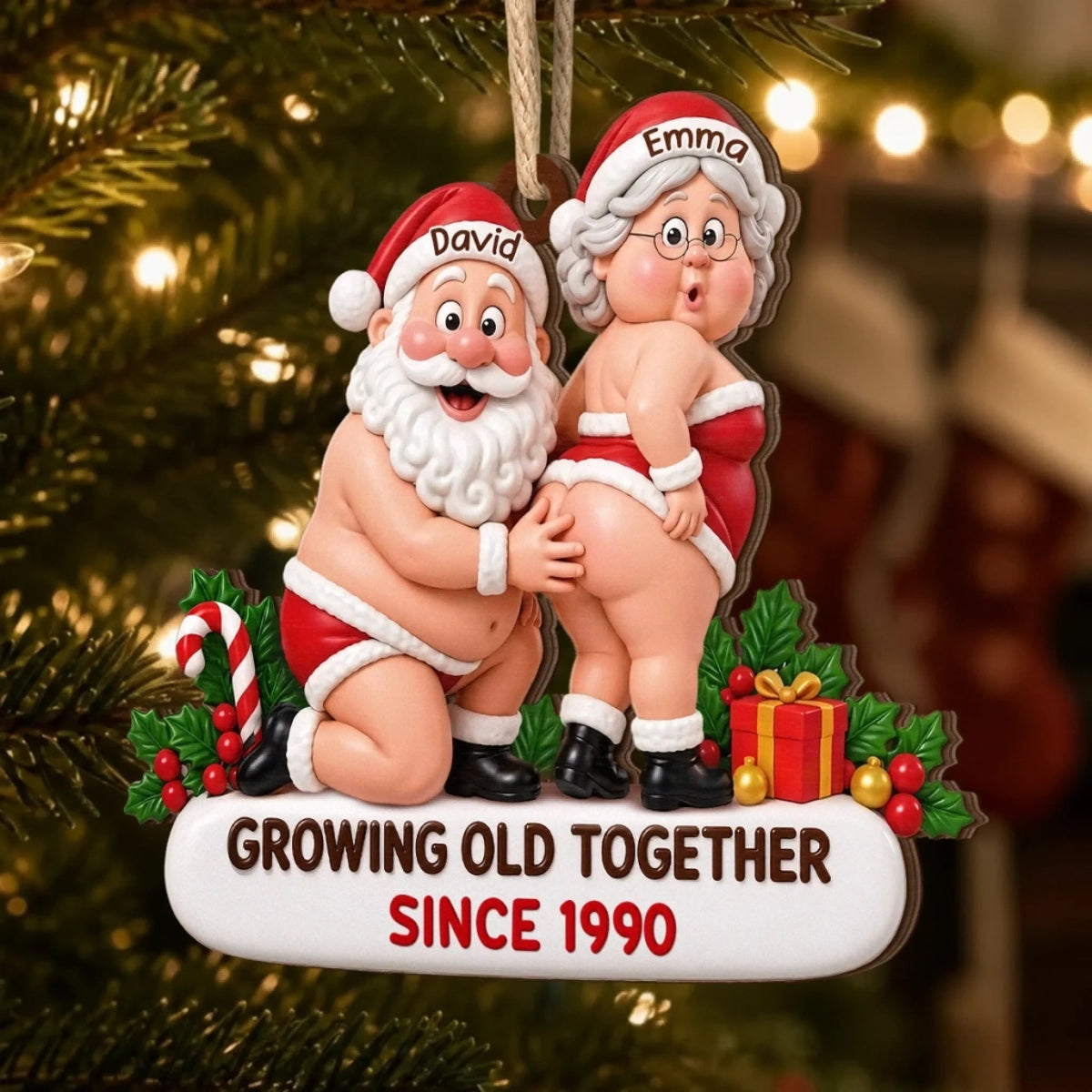 Custom Funny Growing Old Together Christmas Decor - Personalized Wooden Ornament