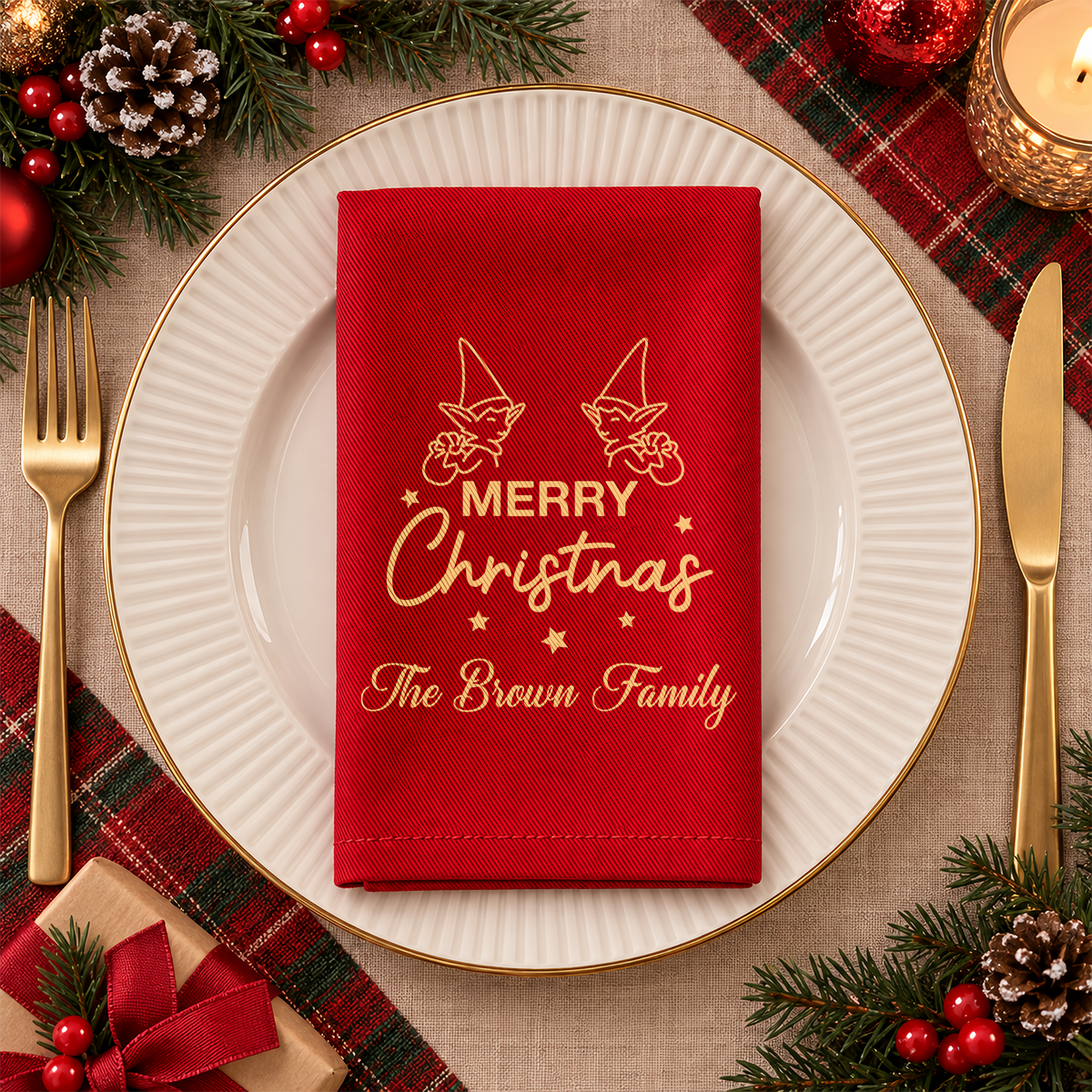 Custom Family Name Merry Christmas Reusable Cotton Napkin Christmas Decor HA75 919456