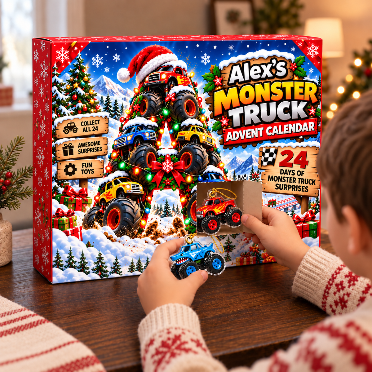 24 Days of Monster Trucks Custom Initial - Personalized Christmas Advent Calendar
