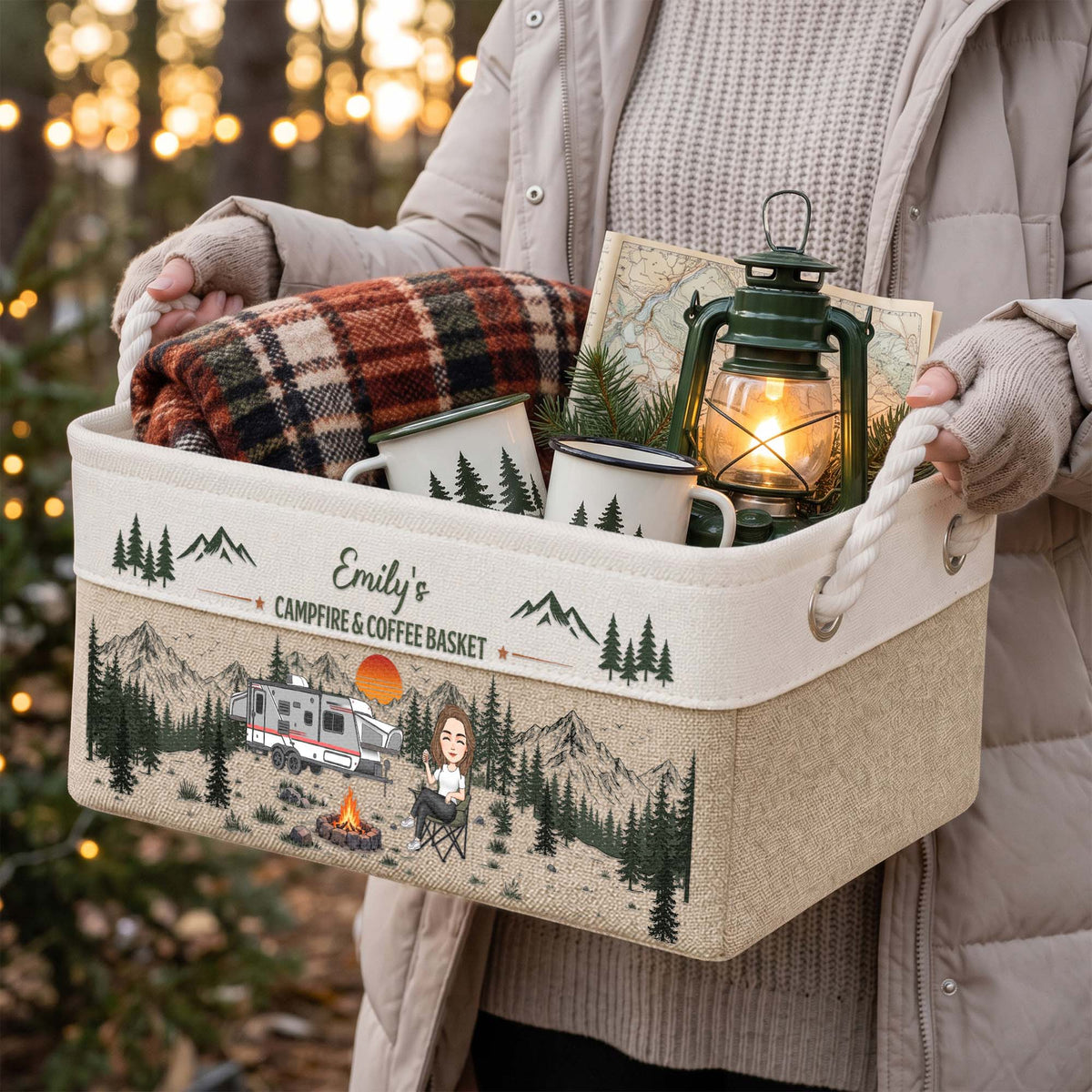 Custom Camper Rv Family Camping - Campfire & Coffee Basket - Personalized Storage Basket