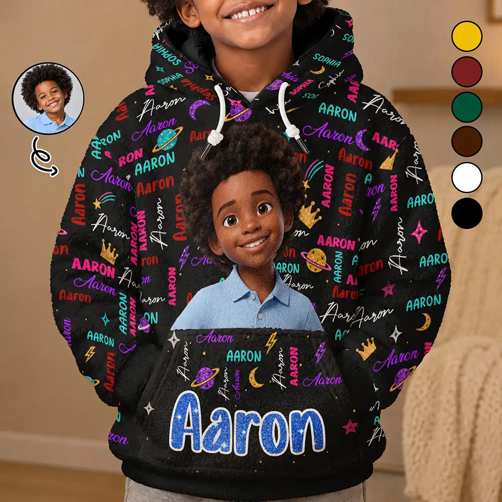 Christmas Gift For Kids - Personalized Custom Photo Name Cute Pattern Fleece Hoodie