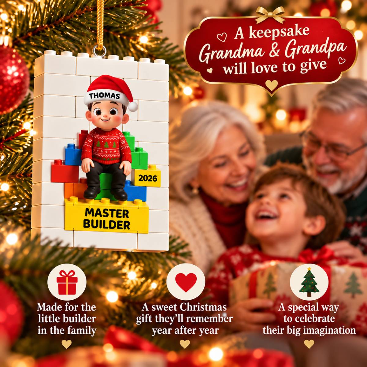 Little Kid Master Builder - Personalized Building Blocks Ornament - Christmas Gift For Kids, Son, Grandson, Daughter, Granddaughter