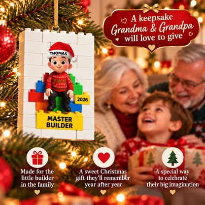 Little Kid Master Builder - Personalized Building Blocks Ornament - Christmas Gift For Kids, Son, Grandson, Daughter, Granddaughter